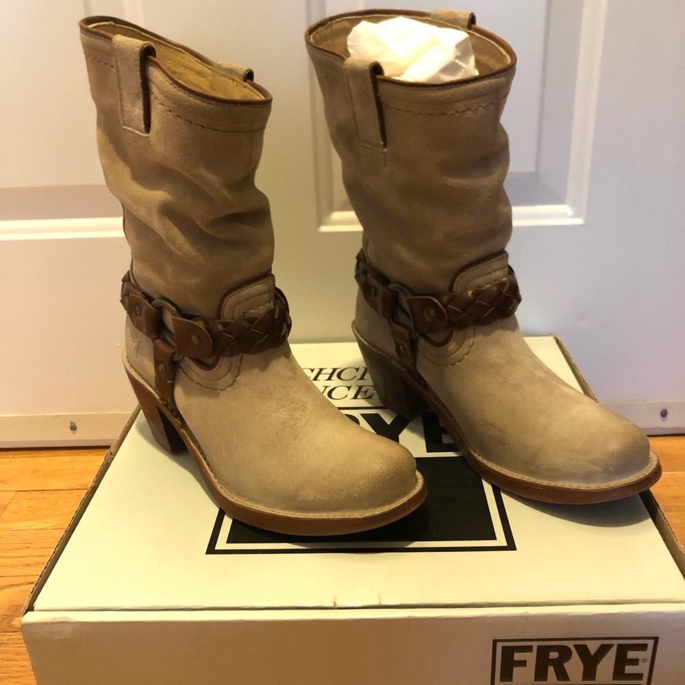 Frye Carmen Braided Harness Riding Boots, Brand new